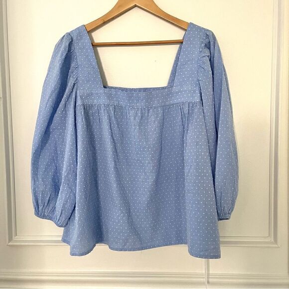 Caslon 100% Cotton Square Neck Puff Elbow Sleeve Textured Dot Top Blue Large NWT - Picture 5 of 10